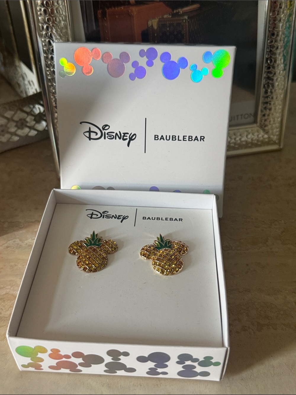BaubleBar Gold and Green Pineapple Mickey Stud Earrings